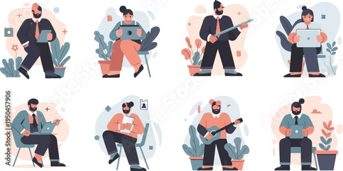 Modern office workers using technology and engaging in hobbies