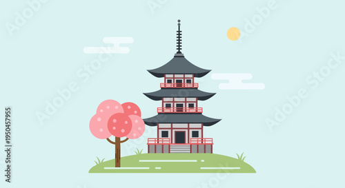 Flat Design Pagoda Tower and Cherry Blossom Tree, Japanese Culture Illustration