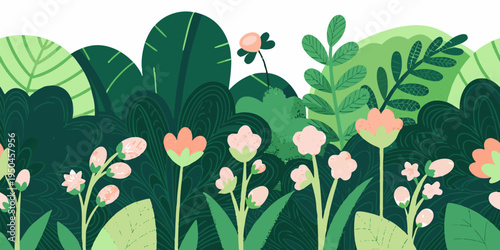 Stylized tropical leaves and blooming flowers in a seamless pattern