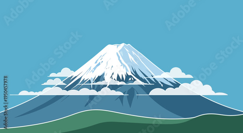 Iconic Mount Fuji Snow-Capped Peak with Clouds and Green Landscape