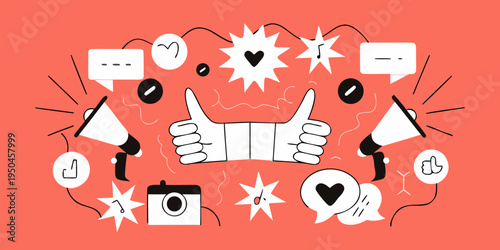 Social media engagement illustration with hands likes and communication icons
