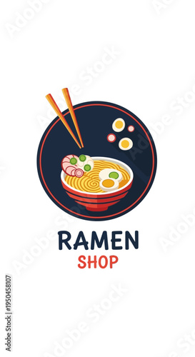 Ramen Shop Logo with Noodles, Shrimp, Egg, and Chopsticks