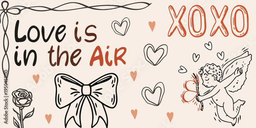 Romantic illustration featuring hearts cupid and handwritten love message