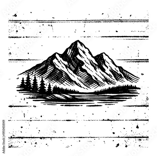 Vintage hand drawn mountain landscape with pine trees and lake in distressed ink style