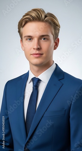 Young professional man with blond hair wearing a formal blue suit and tie poses for a headshot