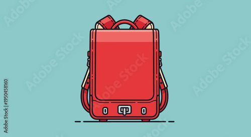Red School Backpack, Cartoon Style, Isolated on Blue Background
