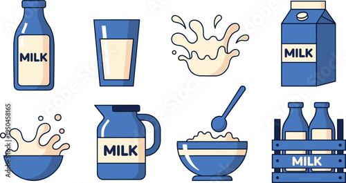 Milk Dairy Drink Vector Collection Featuring Milk Bottle, Milk Glass, Milk Splash, Milk Carton Pack, Milk Jug, Milk Bowl with Spoon and Milk Crate