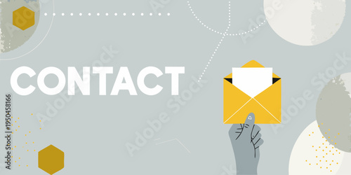 A graphic illustration featuring the word contact and an envelope