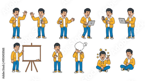 Man in Various Poses: A series of illustrations shows a man in a yellow jacket demonstrating different actions, capturing diverse situations in his daily life.