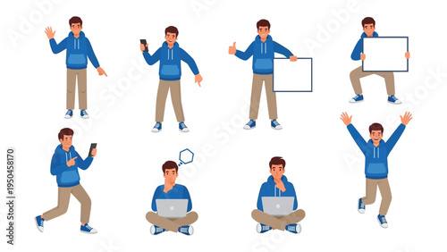 Versatile Young Man in Various Poses: A dynamic array of illustrations features a young man in various activities and expressions.