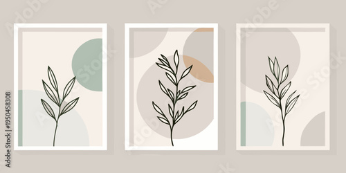 Minimalist botanical art prints with abstract shapes and delicate line work