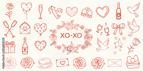 A collection of hand drawn romantic illustrations for valentine s day