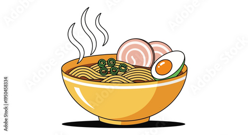 Steaming Bowl of Japanese Ramen Noodles with Egg and Pork Slices