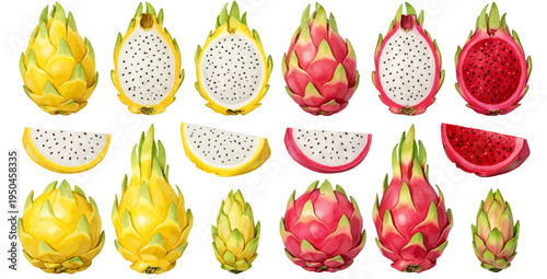 A watercolor collection of dragon fruit and yellow pitaya including whole fruits and slices for tropical fruit illustrations, food designs, and botanical clipart.