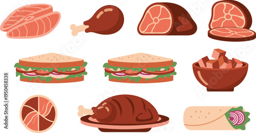 Meat Food Vector Collection Featuring Steak Cuts, Roasted Chicken Leg, Ham Slices, Sandwiches, Meat Cubes Bowl, Roast Chicken and Wrap Meal Illustration