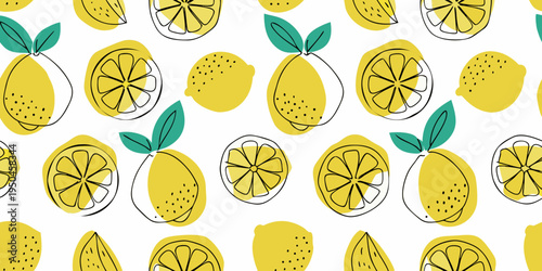 A seamless pattern of hand drawn lemons leaves and citrus slices