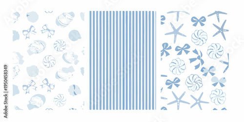 Light blue and white patterned fabric swatches shells stripes and bows