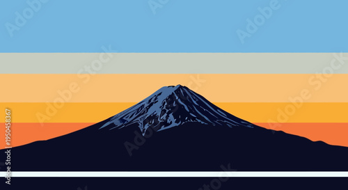 Stylized Mount Fuji at Sunset with Colorful Horizon and Dark Silhouette