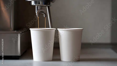 Wallpaper Mural Fresh Espresso Pour into Two Blank White Paper Cups from a Coffee Machine Spout on a Clean Countertop, Ready for Customization Torontodigital.ca