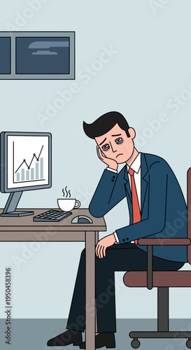 Tired businessman working late, exhausted at desk with coffee and charts