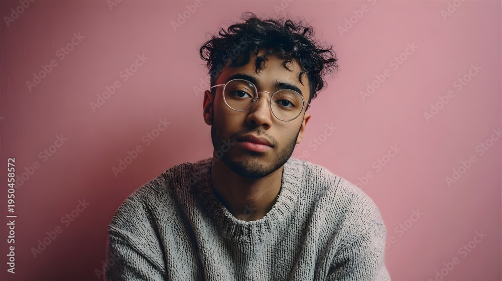 Obraz premium Young Professional Portrait With Minimal Studio Setup And Pastel Background. Concept: Minimal Editorial Portrait, Modern Professional, Emotional Neutral Mood, Contemporary Lifestyle, Clean Aesthetic