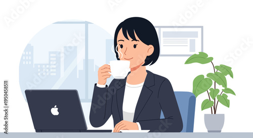 Businesswoman enjoying coffee break at office desk with laptop and plant