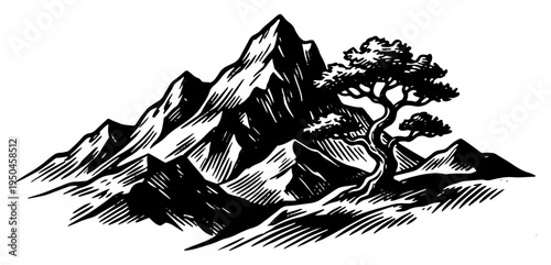 Stylized mountain landscape with a lonely twisted tree in traditional ink style
