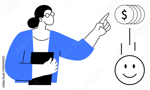 Financial growth concept. A businesswoman points toward falling dollar coins indicating financial success. Financial planning, management, and investment-related . Suitable for business, finance