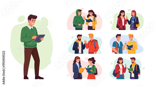 Knowledge Sharing in Learning Communities: Illustration featuring diverse students engaging in various activities such as reading, collaborating, and studying.