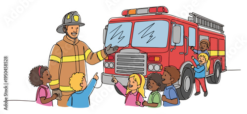 Friendly firefighter showing a red fire engine to a group of diverse school children in cartoon style
