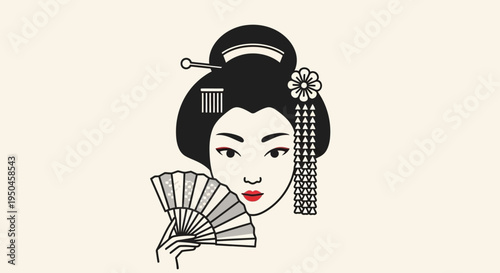 Elegant Geisha with Fan: Traditional Japanese Woman Portrait, Vintage Illustration