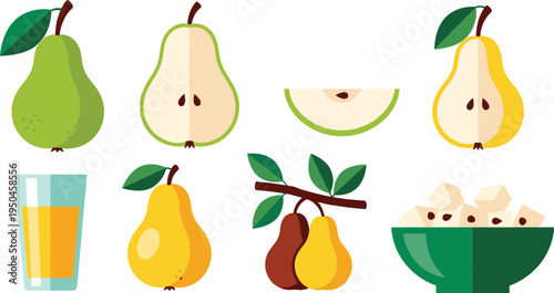 Pear Fruit and Drink Collection with Whole Pear, Pear Slices, Pear Juice, Pear Tree Branch and Chopped Pear Cubes Vector Illustration Set