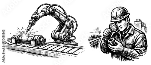 Industrial robotic arm assembly line and engineer inspecting mechanical parts with magnifying glass engraving