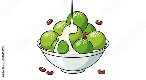 Green Mochi Balls with Red Beans and Sweet Sauce in Bowl