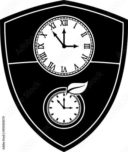 Shield with Clock and Clock with Leaf Icon on White Background