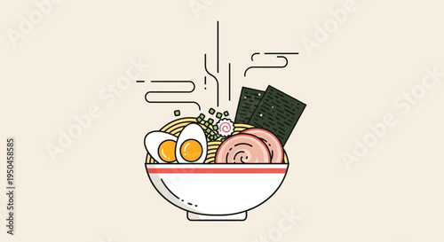 Japanese Ramen Bowl Illustration - Delicious Noodle Soup with Toppings