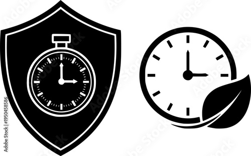 Shield with Clock and Clock with Leaf Icon on White Background