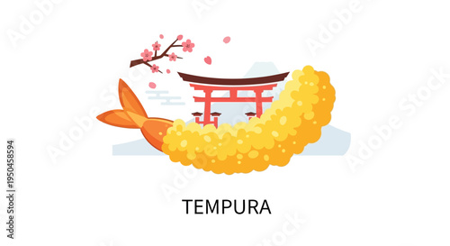 Delicious Shrimp Tempura with Japanese Torii Gate and Cherry Blossoms