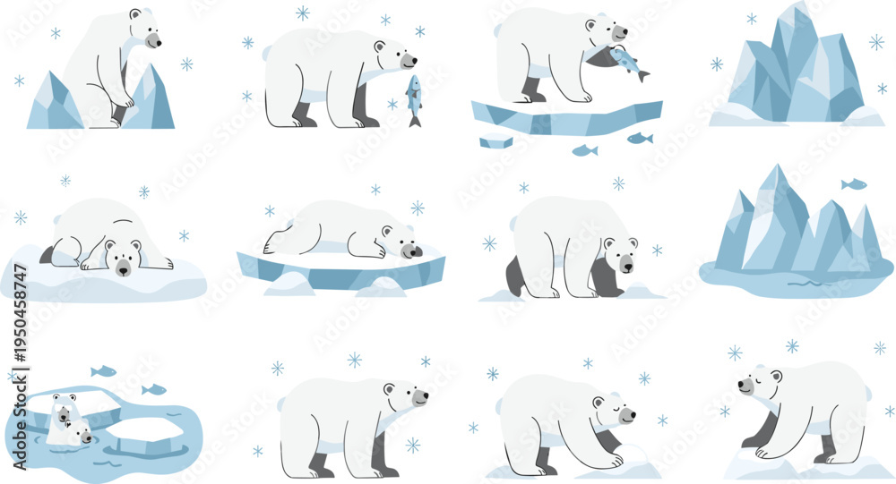 Fototapeta premium Polar Bear Arctic Wildlife Illustration Set Featuring Walking, Swimming, Hunting, and Resting Poses of White Bear in Icy Polar Landscape.