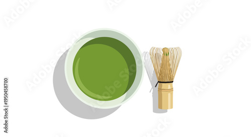 Overhead view of matcha tea preparation with bamboo whisk and bowl