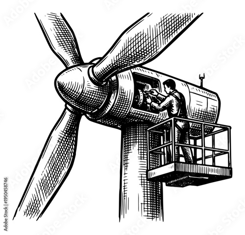 Skilled technician performing maintenance on a large wind turbine nacelle in engraving style