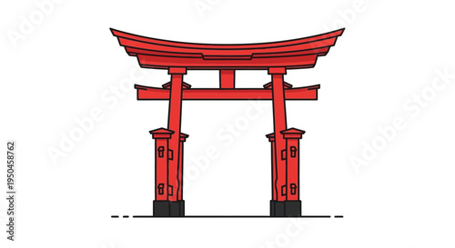 Red Japanese Torii Gate Icon, Traditional Shinto Shrine Entrance, Minimalist Vector Art