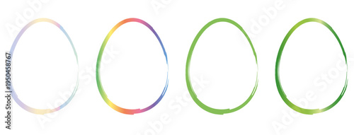 Four frames in the shape of a chicken egg. Two are green. Two are spectral gradient. Concept for Easter cards, brochures, advertising, or sales.