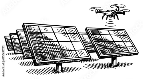 Professional drone monitoring rows of solar panels at a renewable energy power plant