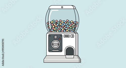 Retro Gumball Machine Filled with Colorful Candies on Light Blue Background