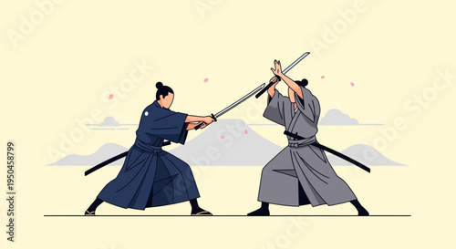 Samurai duel, two warriors fighting with katanas in front of Mount Fuji