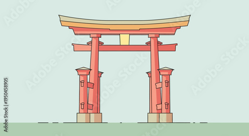 Traditional Japanese Torii Gate, Red and Gold, Minimalist Vector Illustration