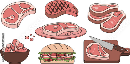 Raw Beef Steak and Meat Cuts Collection with Ribeye Steak, Grilled Steak, Sliced Beef, Meat Cubes, Sandwich and Butcher Knife Vector Illustration Set