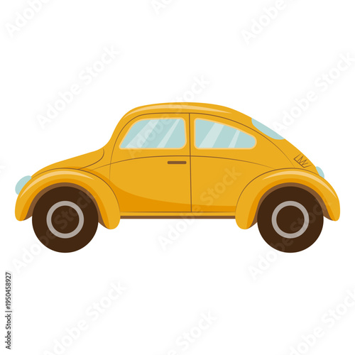A yellow cartoon car with a round shape. Perfect for kids' projects or for creating retro-style looks.