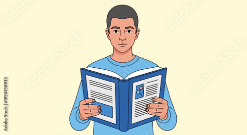 Young Man Reading a Book with Photos and Text, Education Concept